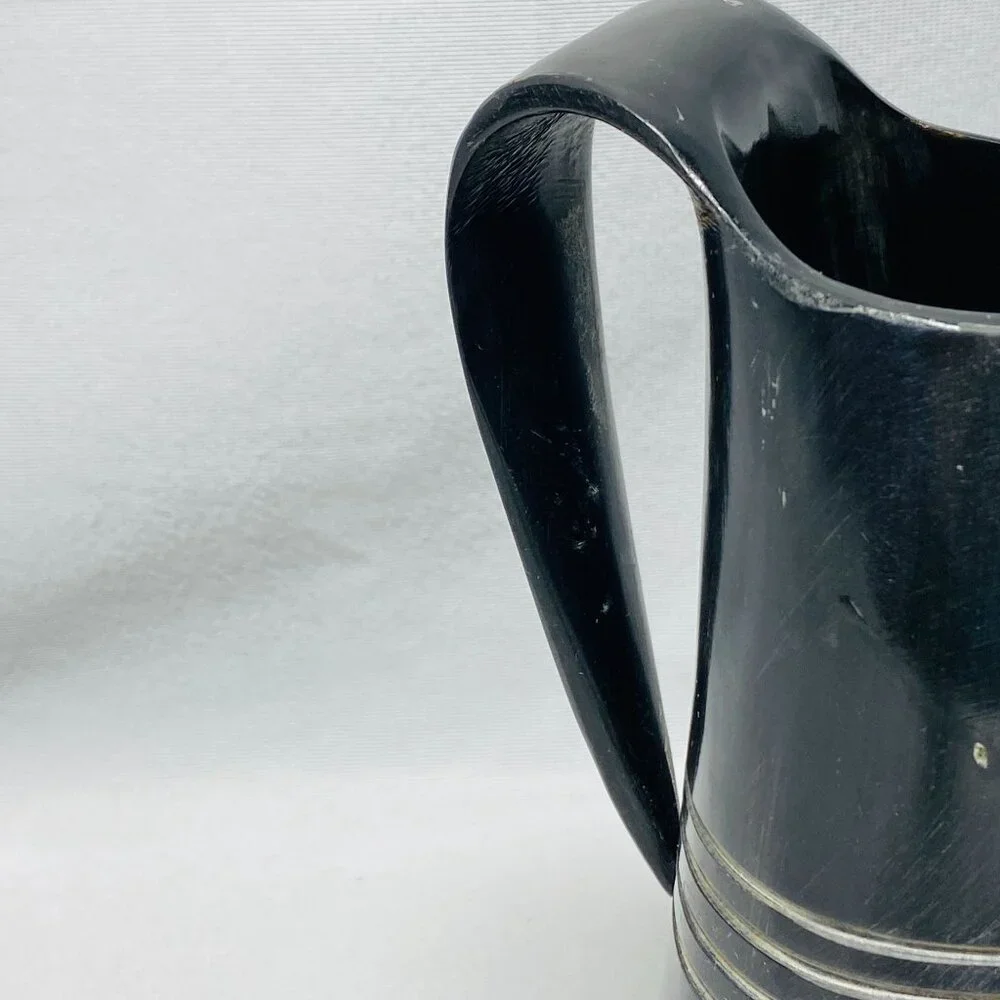 Vintage Black Horn Tankard Beer Drinking Mug With Handle & Wooden Base